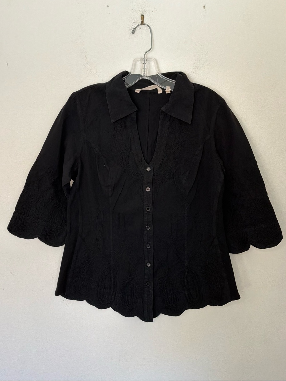Soft Surroundings Black Embroidered Button Front Blouse Top Size Medium